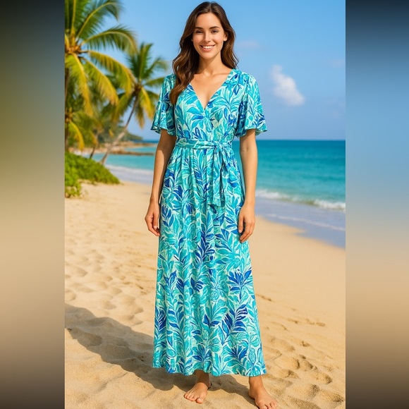 Pappagallo Women’s Small Floral Palm Print Maxi Dress Coastal Resortwear island - Picture 1 of 14